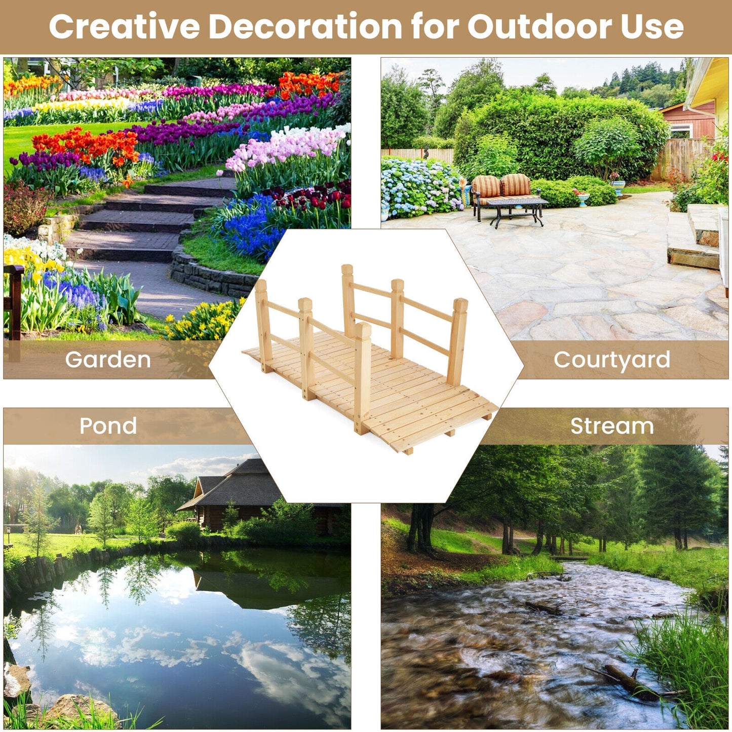 5 Feet Wooden Garden Bridge With Safety Rails, Natural Outdoor Decor at Gallery Canada