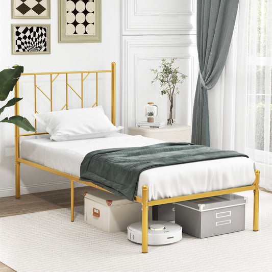 Twin/Full Size Metal Platform Bed Frame with Vintage Headboard-Twin Size, Golden - Gallery Canada