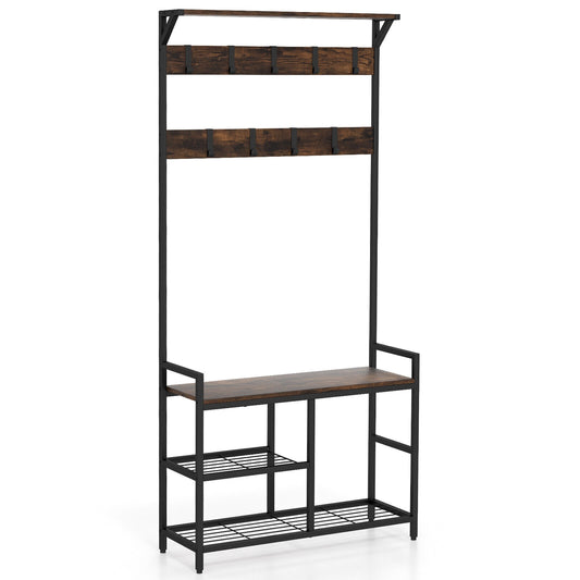 71 Inch Freestanding Hall Tree, Shoe Bench, 9 Removable Hooks, Brown Coat Racks & Hall Trees Rustic Brown at Gallery Canada
