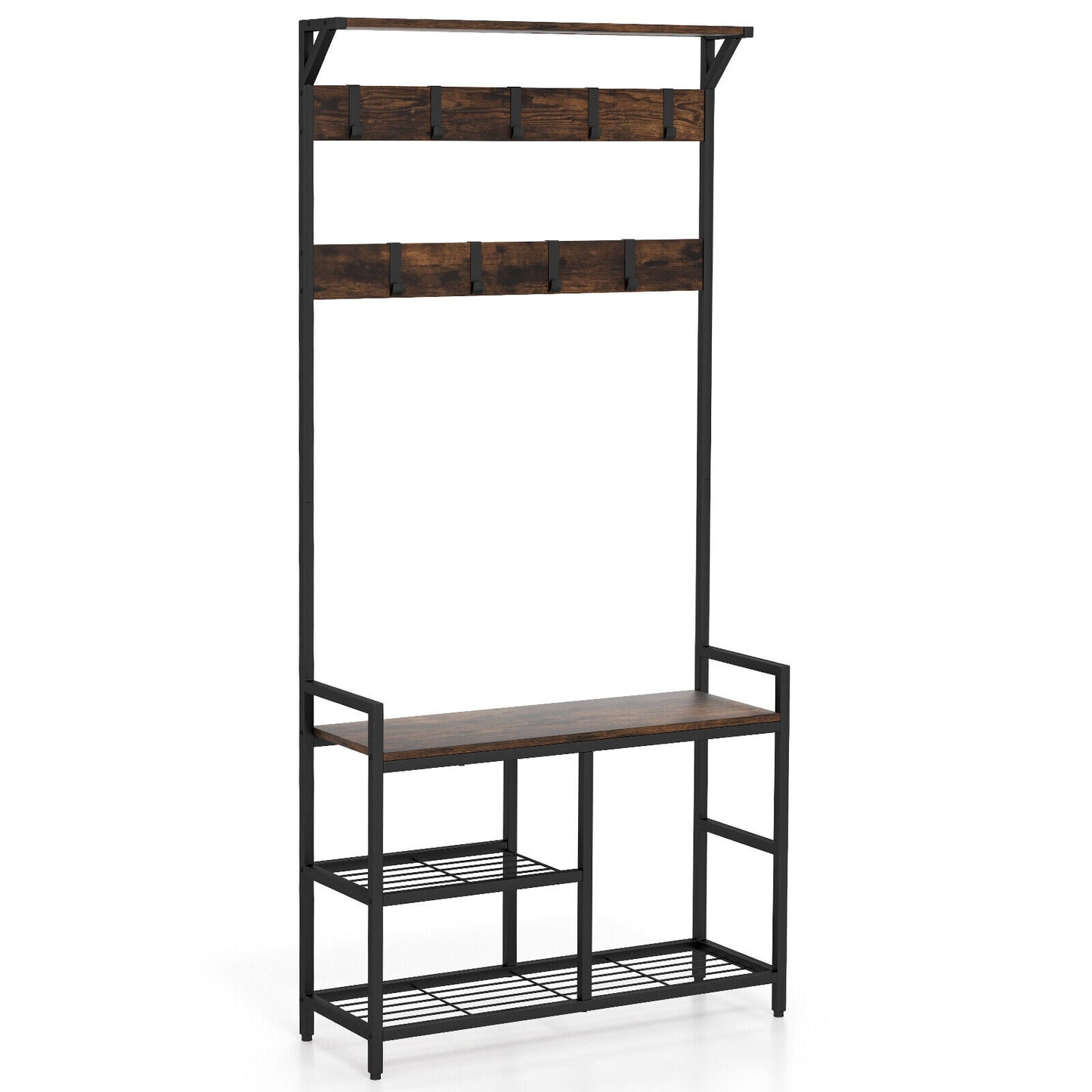 71 Inch Freestanding Hall Tree, Shoe Bench, 9 Removable Hooks, Brown Coat Racks & Hall Trees Rustic Brown at Gallery Canada