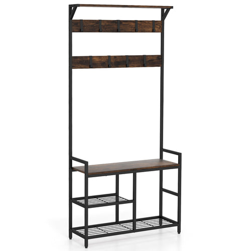 71 Inch Freestanding Hall Tree, Shoe Bench, 9 Removable Hooks, Brown