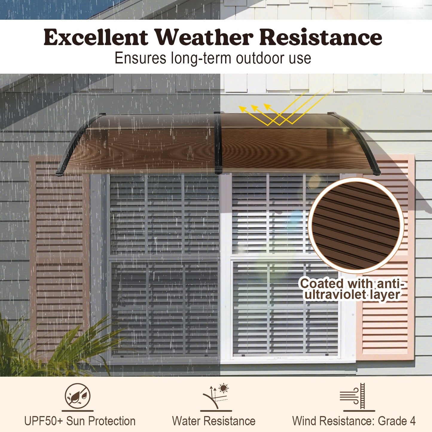 Outdoor Front Door Patio Overhang Awning for Sunlight Rain Snow Wind Protection-80 x 40 Inch, Brown