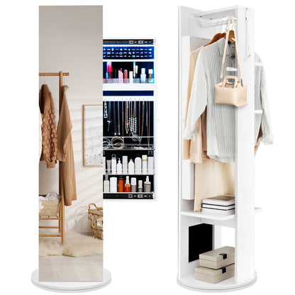 360-Degree Swivel Jewelry Cabinet Armoire with Full Length Mirror and Coat Rack, White