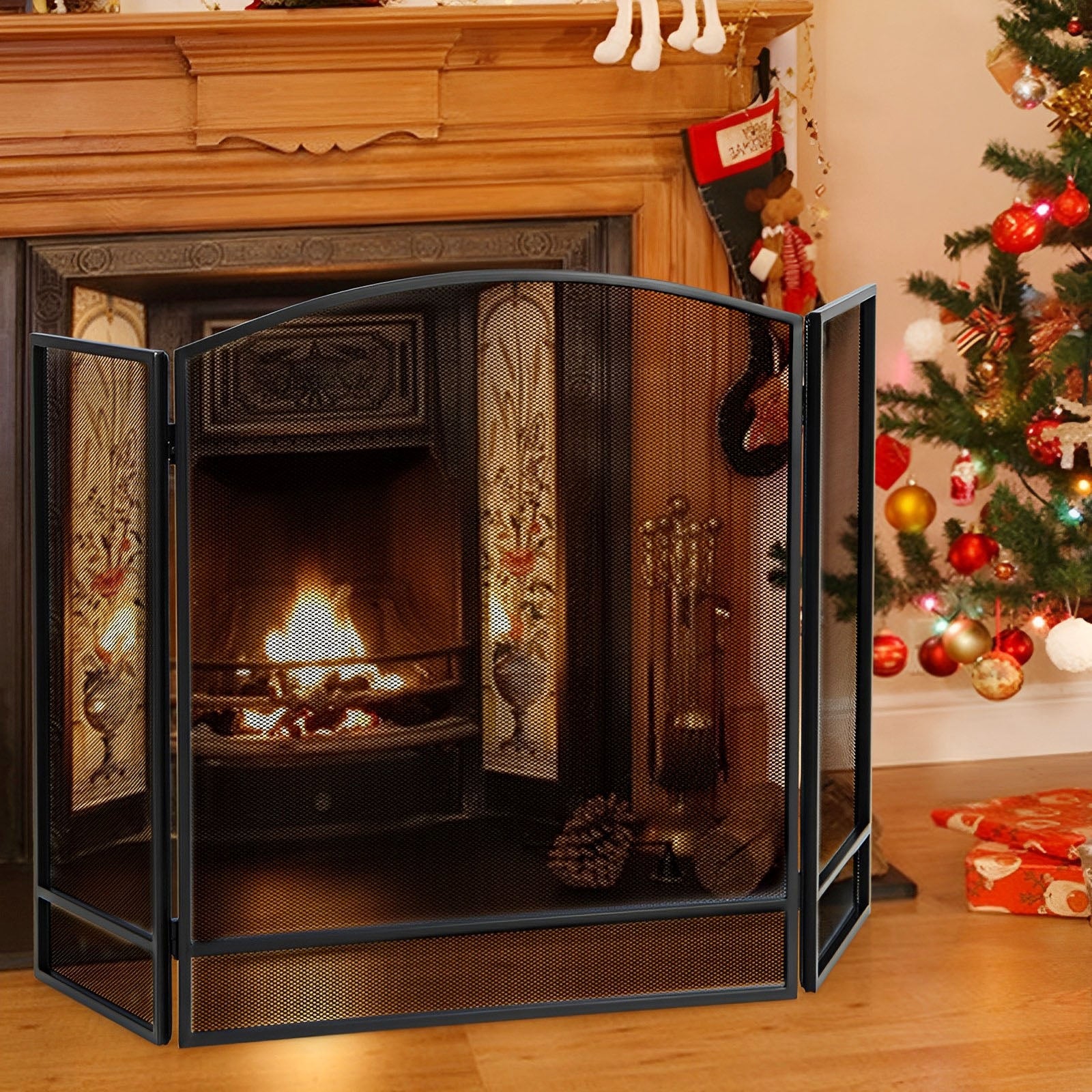 3-Panel Foldable Fireplace Screen, Wrought Metal Mesh, Black Fireplace Tools at Gallery Canada