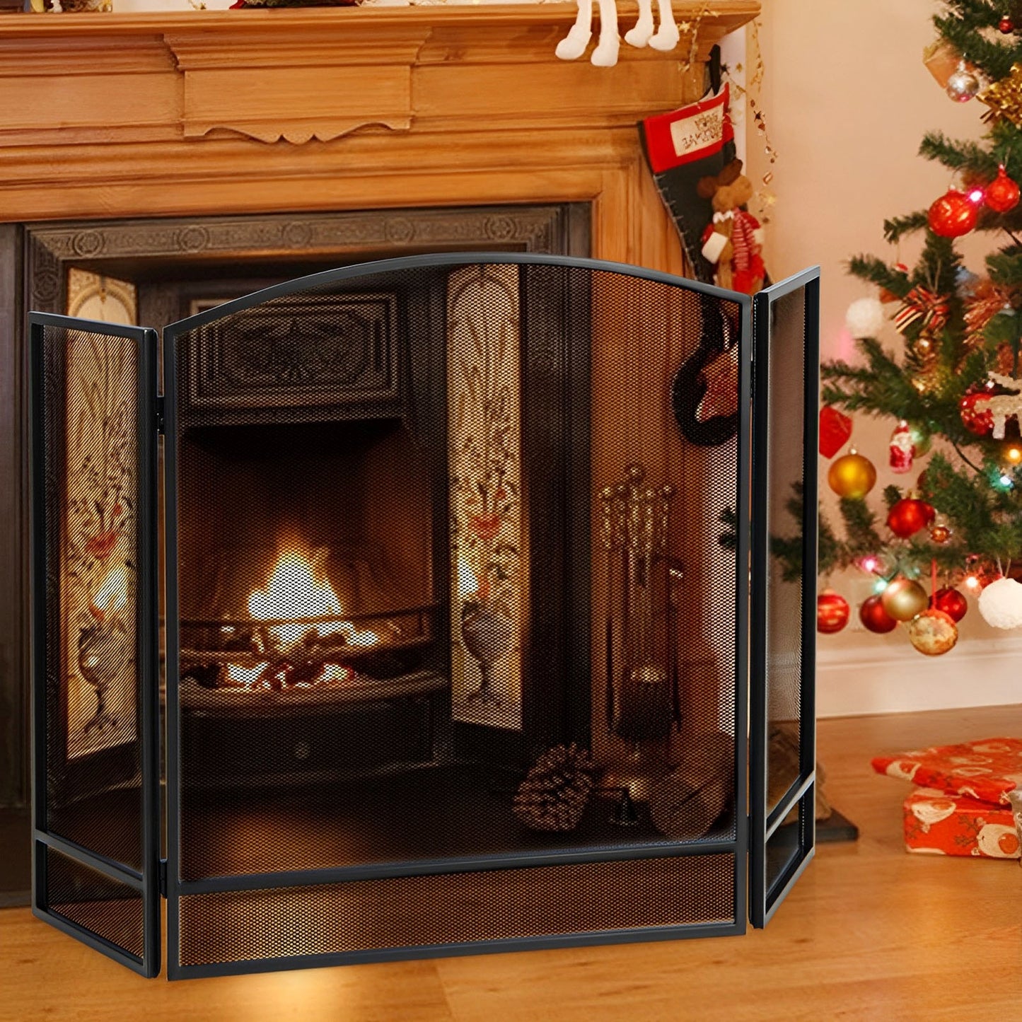 3-Panel Foldable Fireplace Screen, Wrought Metal Mesh, Black Fireplace Tools at Gallery Canada