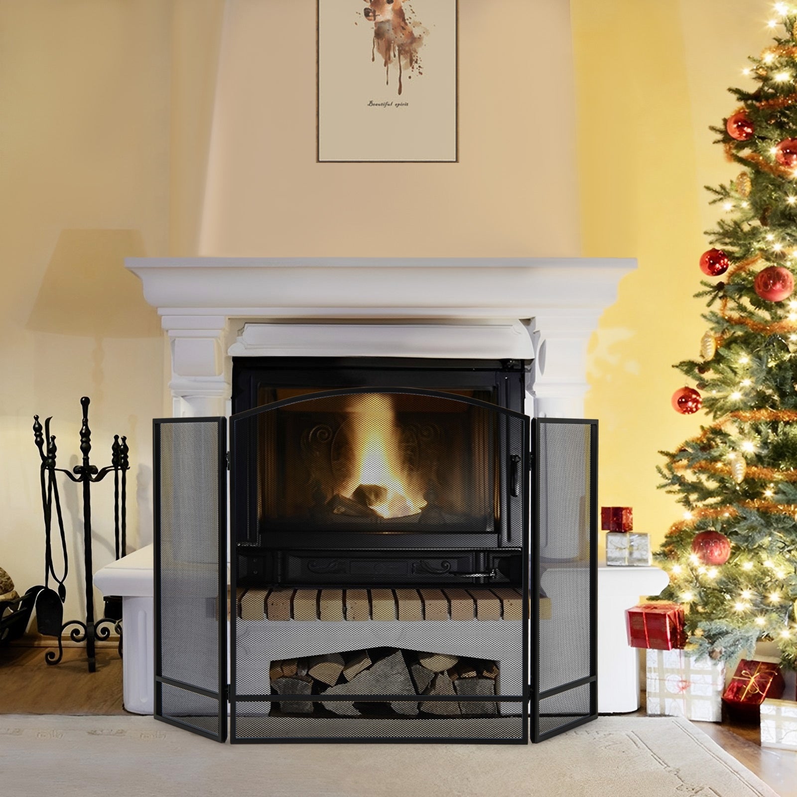 3-Panel Foldable Fireplace Screen, Wrought Metal Mesh, Black Fireplace Tools at Gallery Canada