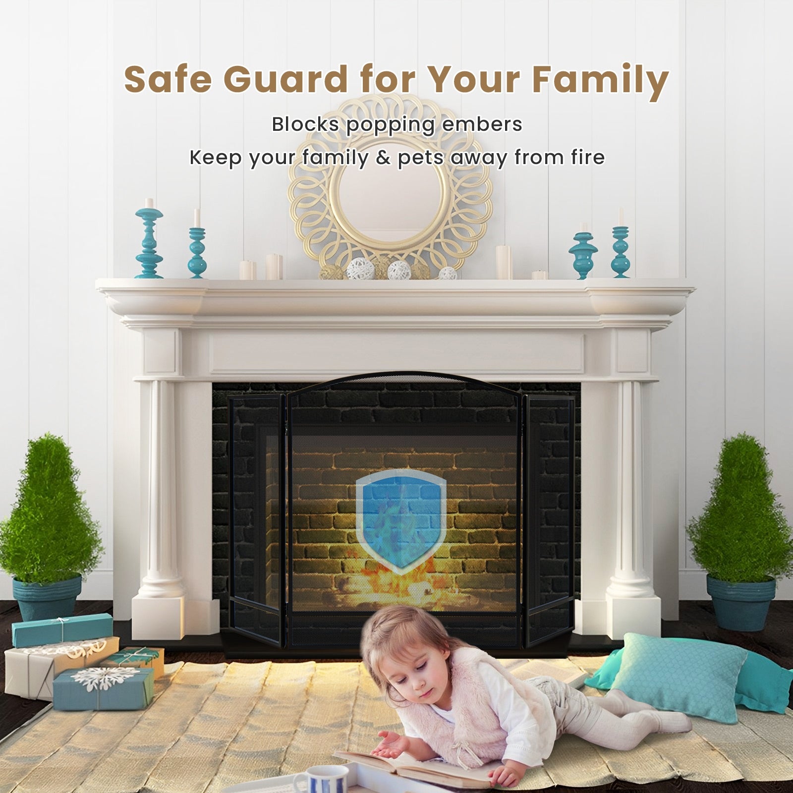 3-Panel Foldable Fireplace Screen, Wrought Metal Mesh, Black Fireplace Tools at Gallery Canada