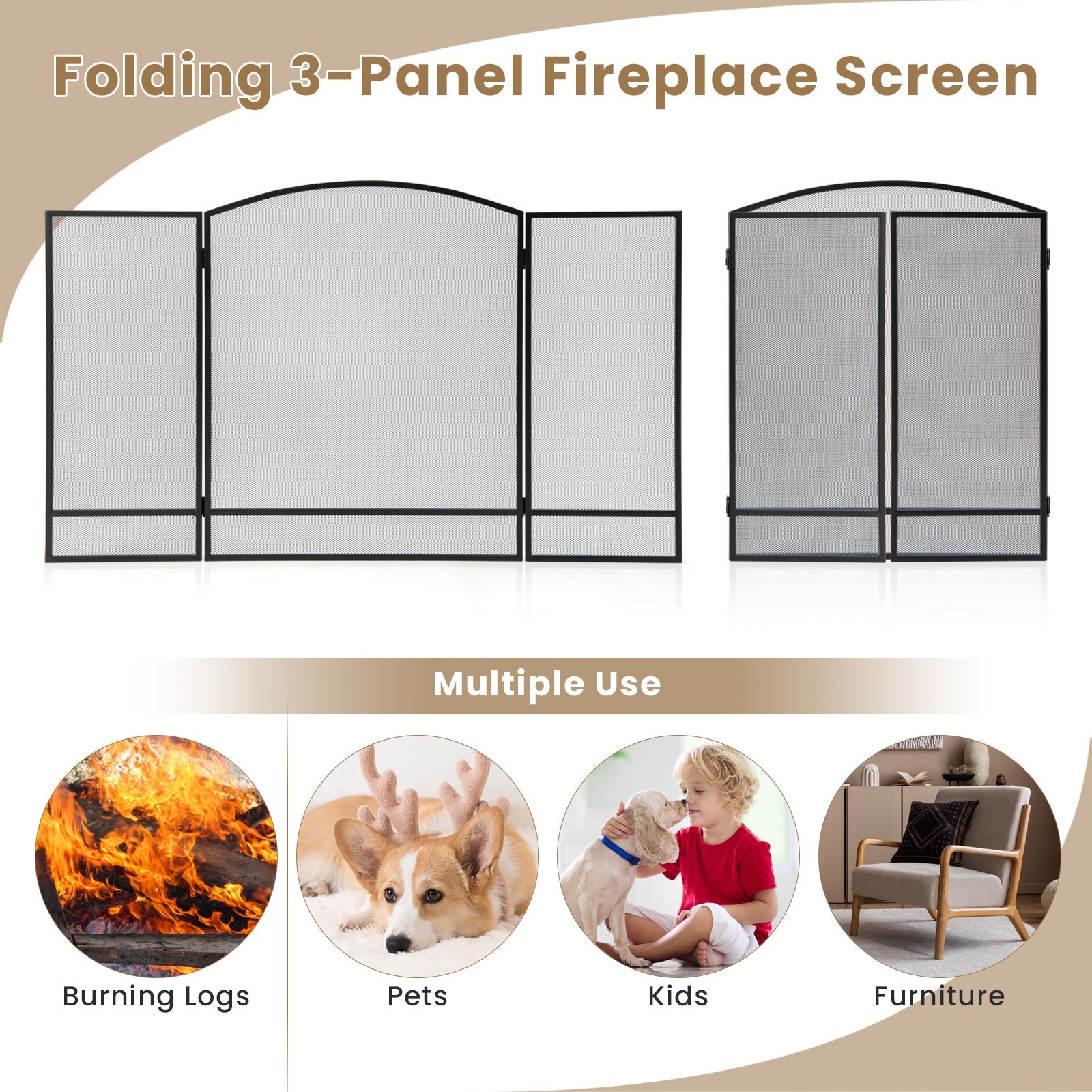 3-Panel Foldable Fireplace Screen, Wrought Metal Mesh, Black Fireplace Tools at Gallery Canada