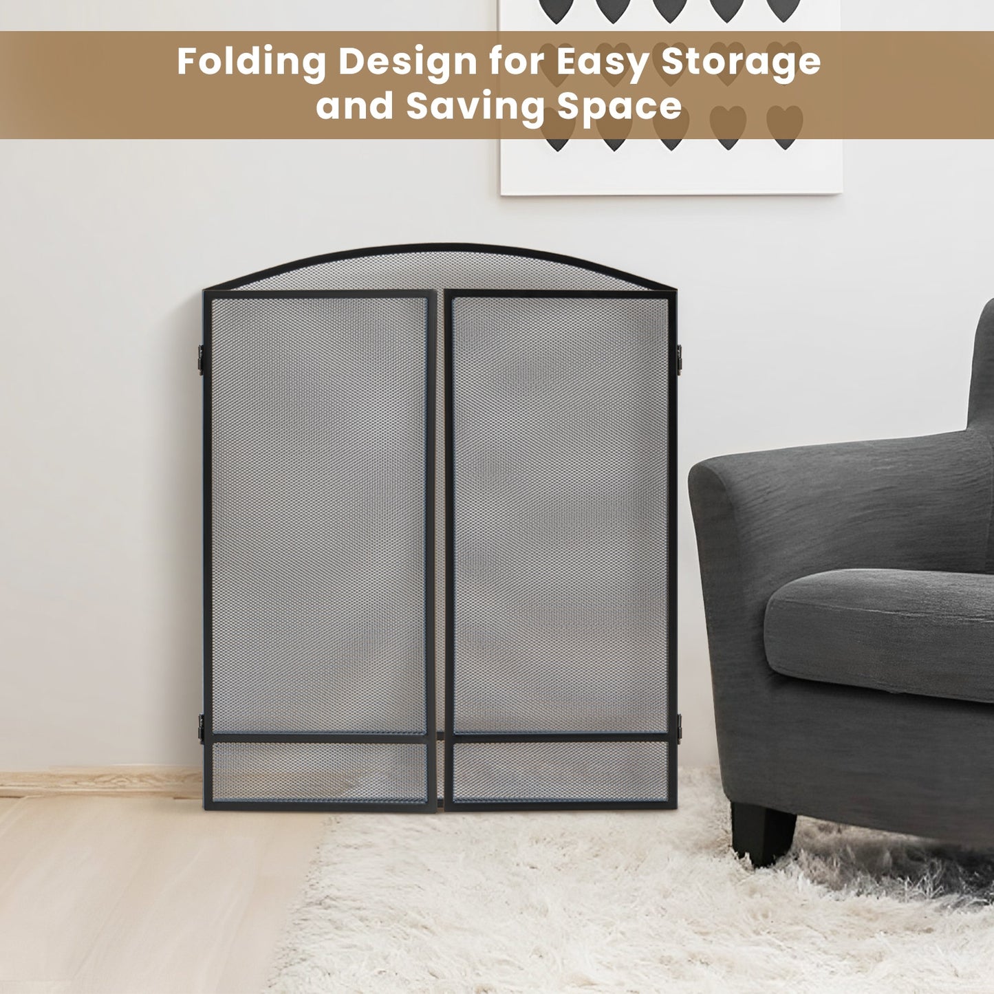 3-Panel Foldable Fireplace Screen, Wrought Metal Mesh, Black Fireplace Tools at Gallery Canada