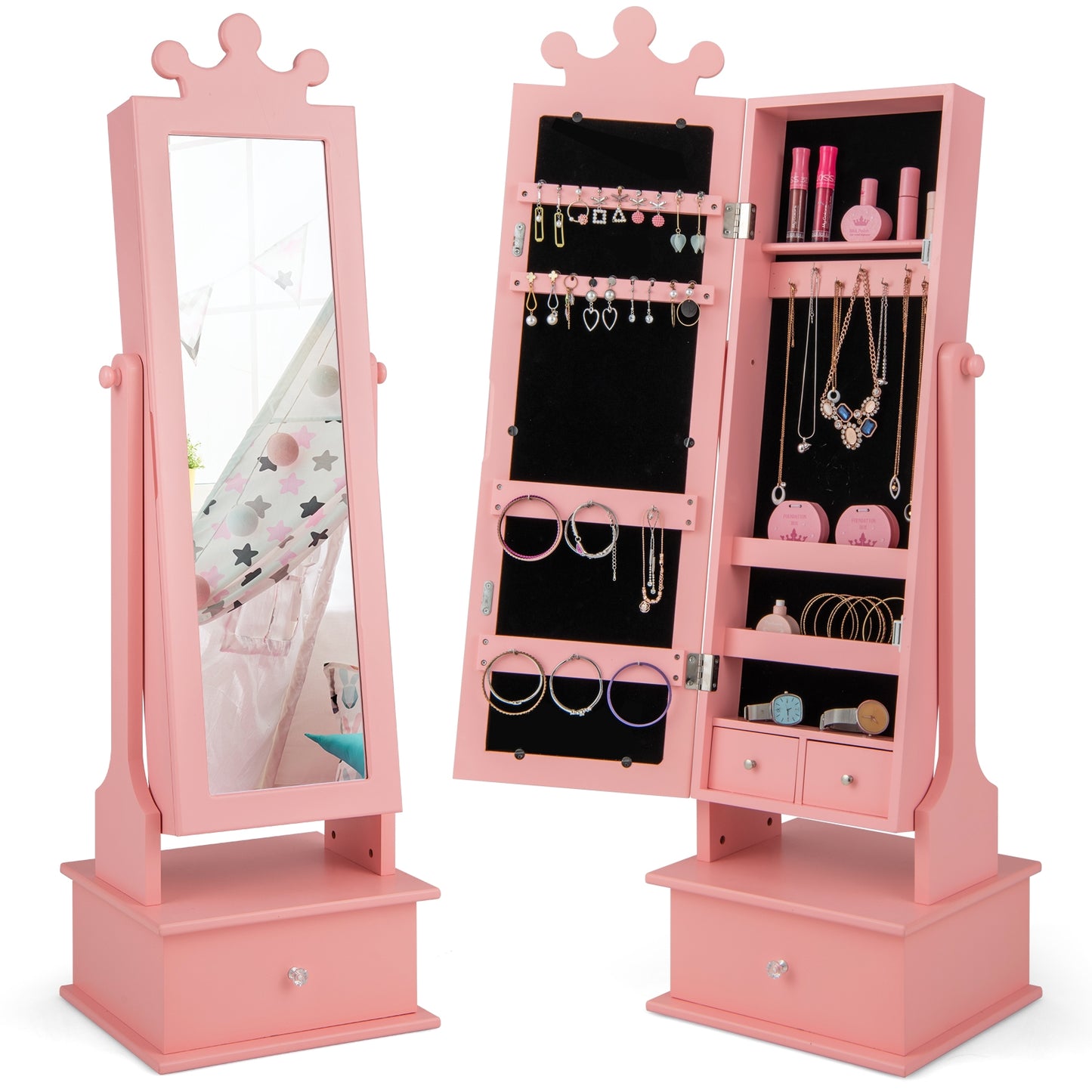 2-in-1 Kids Play Jewelry Armoire with Full Length Mirror and Drawers, Pink Kids Vanities Pink at Gallery Canada