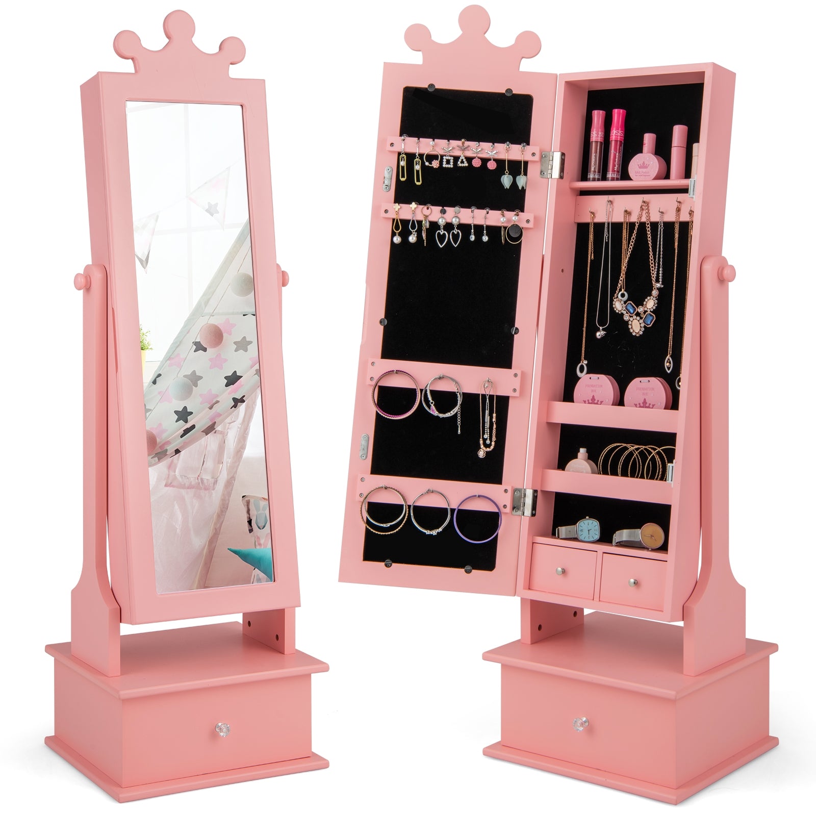 2-in-1 Kids Play Jewelry Armoire with Full Length Mirror and Drawers, Pink Kids Vanities Pink at Gallery Canada