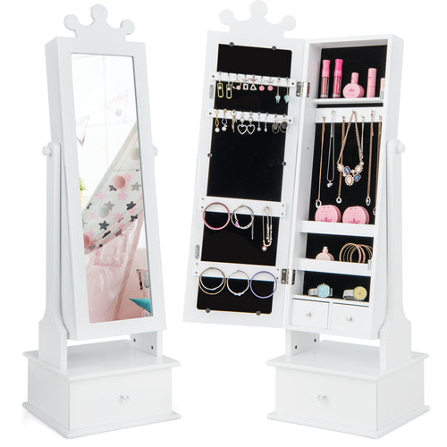 2-In-1 Kids Play Jewelry Armoire, Full Length Mirror, Drawers, White