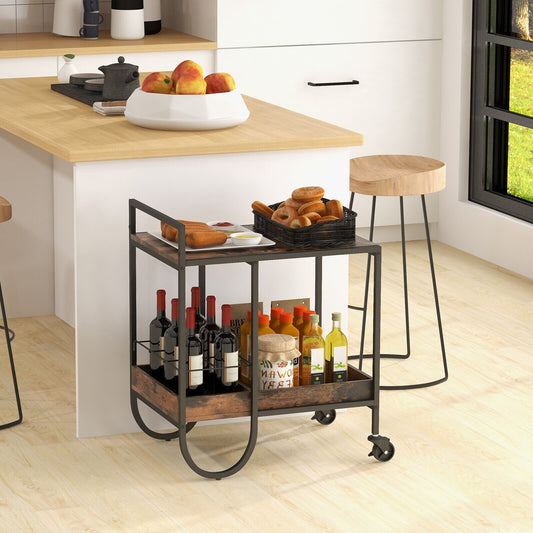 Rolling Buffet Serving Cart with Removable Metal Wire Wine Rack, Brown - Gallery Canada