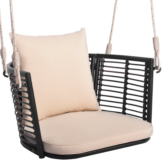 Single Person Hanging Seat with Woven Rattan Backrest for Backyard, Beige