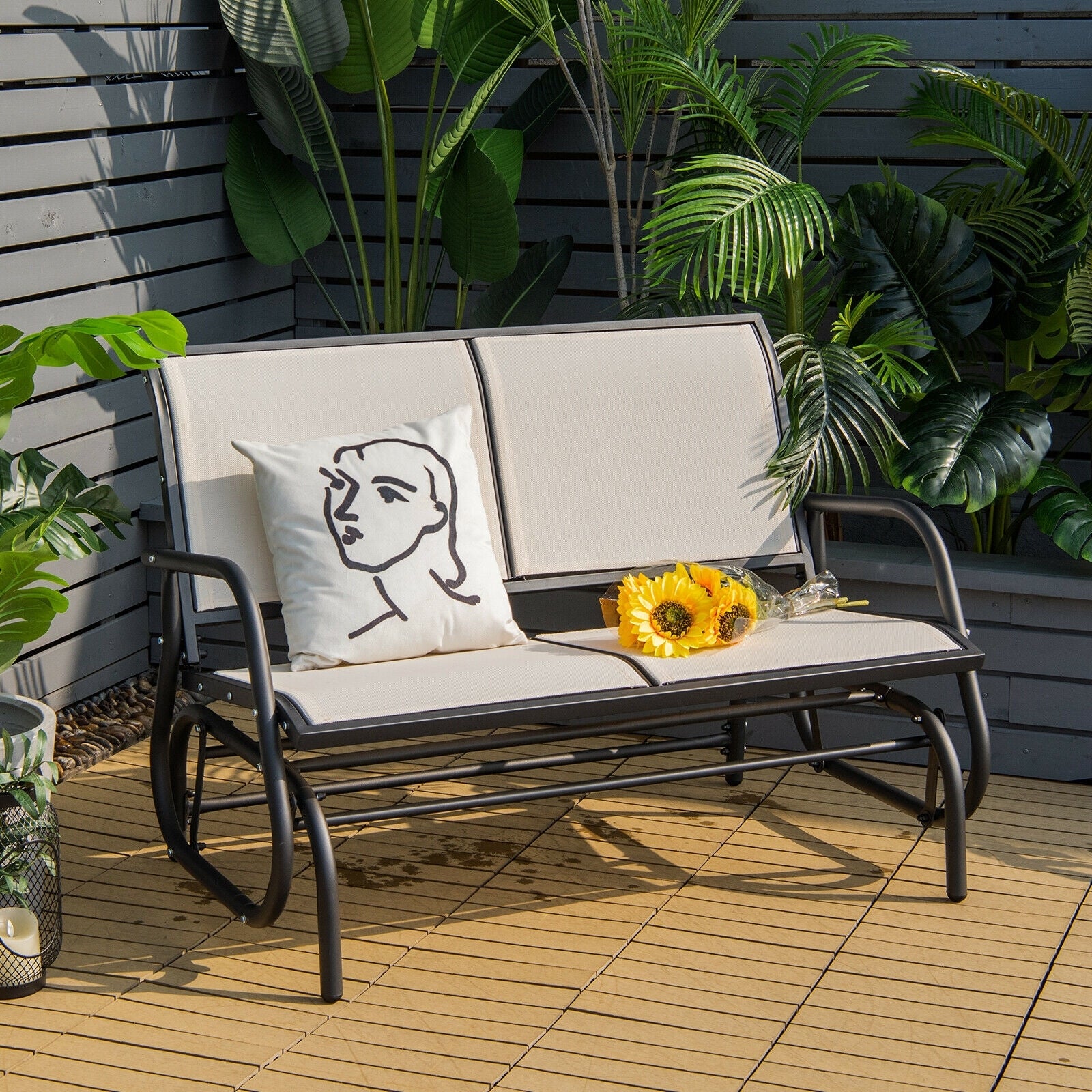 Swing Glider Chair 48 Inch Loveseat Rocker Lounge Backyard, Beige Patio Rocking Chairs & Gliders at Gallery Canada