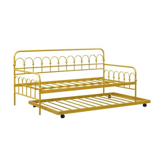 Twin Size Golden Metal Daybed with Trundle and Lockable Wheels-Twin Size, Golden - Gallery Canada