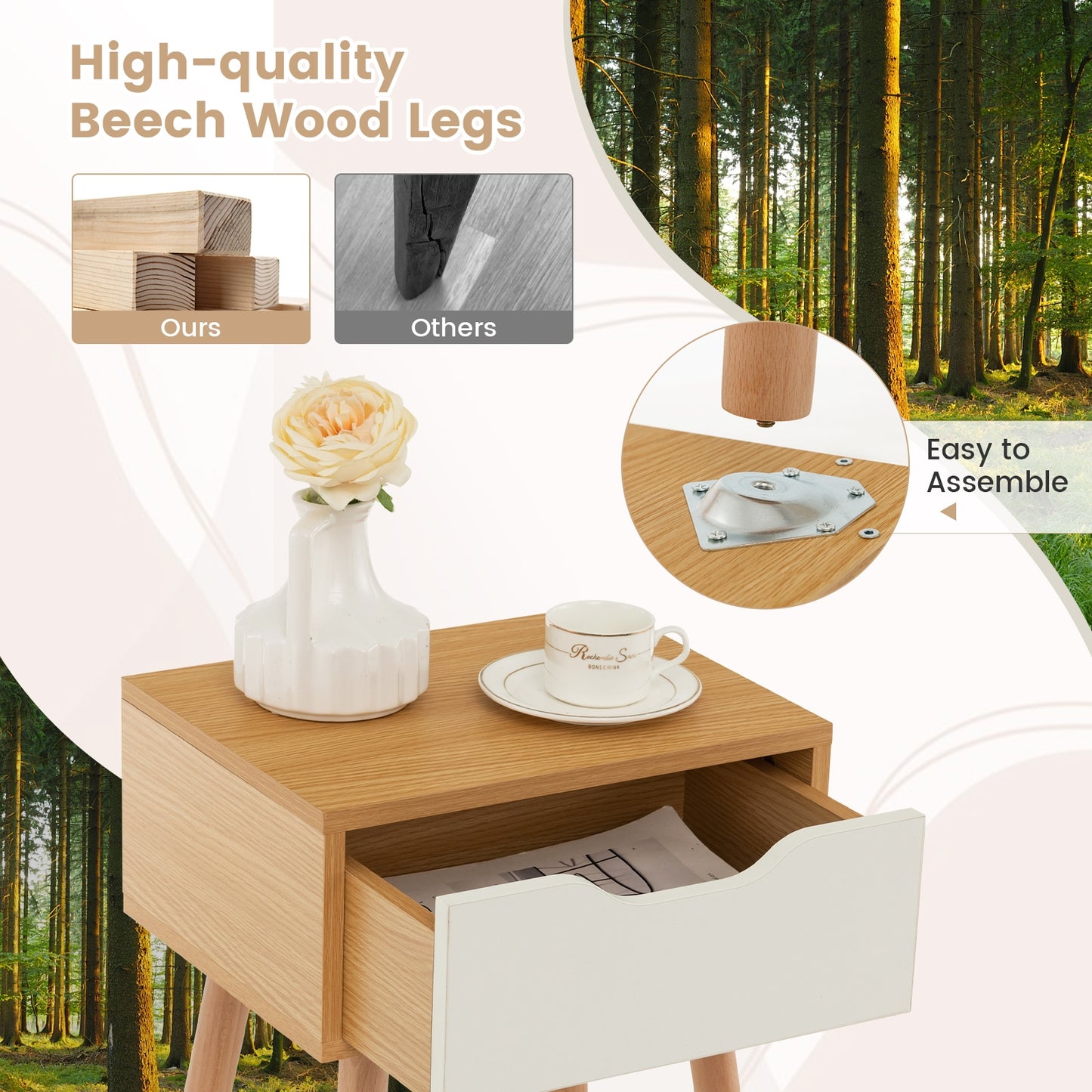 Set of 1/2 Modern Nightstand with Storage Drawer for Bedroom Living Room-2 Pieces, Natural Nightstands at Gallery Canada