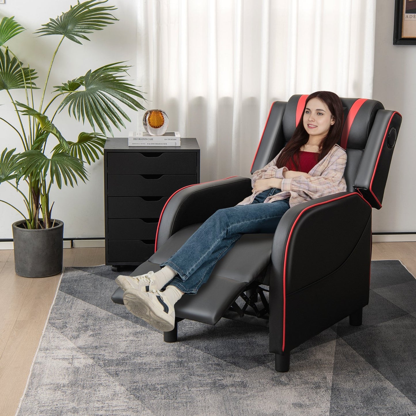 PU Leather Massage Gaming Recliner Chair with Side Pockets, Red