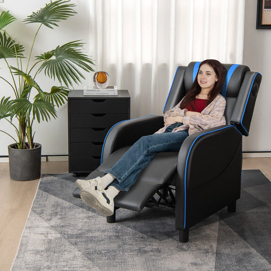 PU Leather Massage Gaming Recliner Chair with Side Pockets, Blue - Gallery Canada