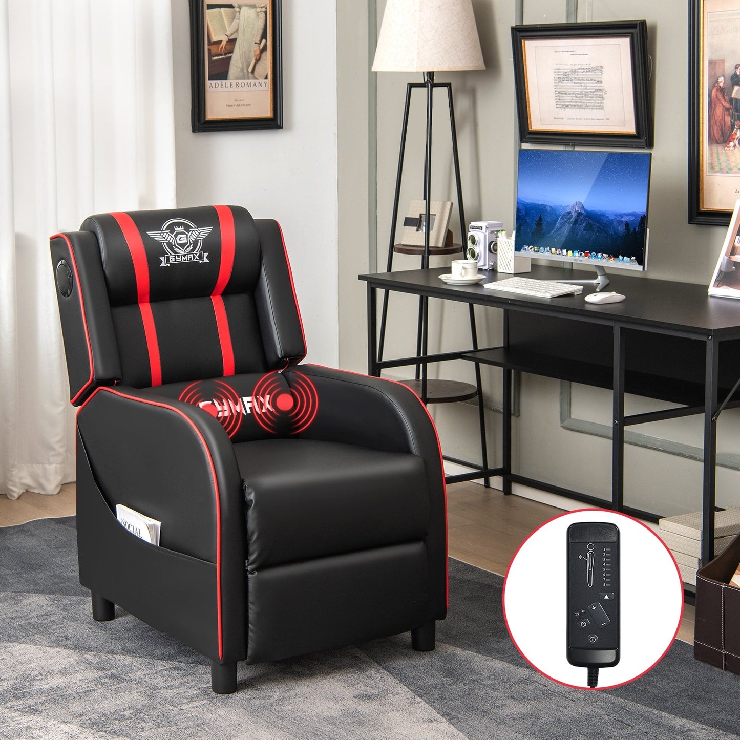 PU Leather Massage Gaming Recliner Chair with Side Pockets, Red