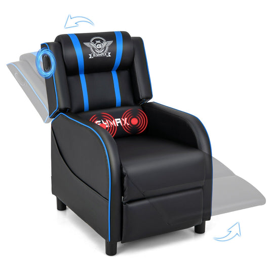 PU Leather Massage Gaming Recliner Chair with Side Pockets, Blue - Gallery Canada