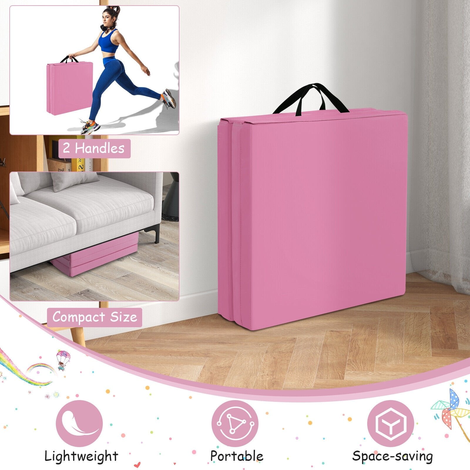 6 x 2 FT Tri-Fold Gym Mat with Handles and Removable Zippered Cover, Pink - Gallery Canada