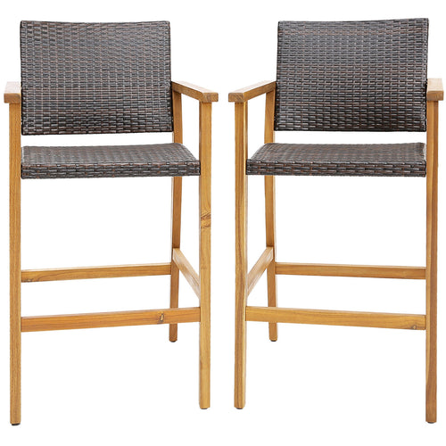 Set of 2 PE Wicker Patio Bar Chairs with Acacia Wood Armrests-Set of 2, Brown
