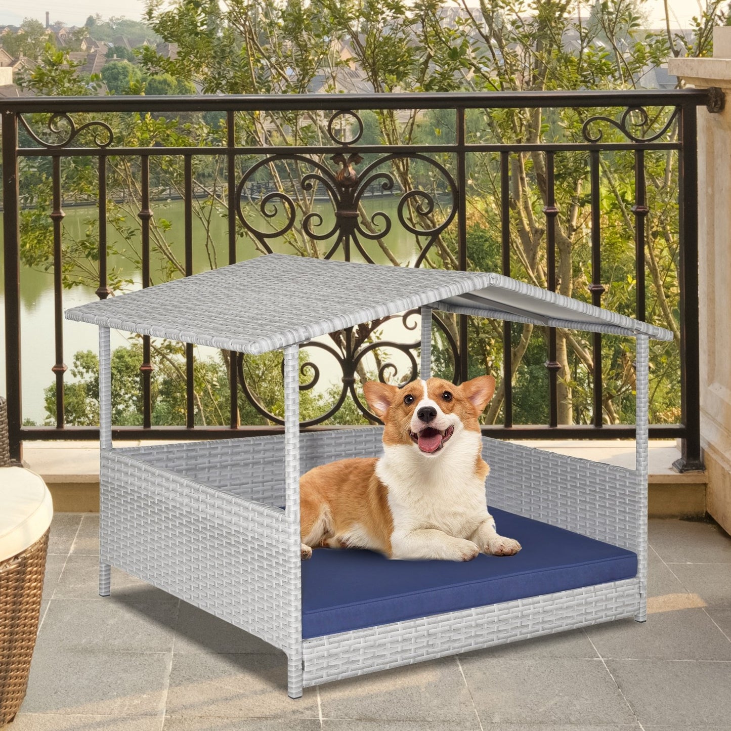 Wicker Dog House with Waterproof Roof and Washable Cushion Cover, Navy at Gallery Canada