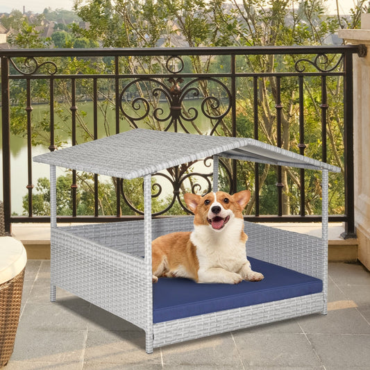 Wicker Dog House with Waterproof Roof and Washable Cushion Cover, Navy - Gallery Canada