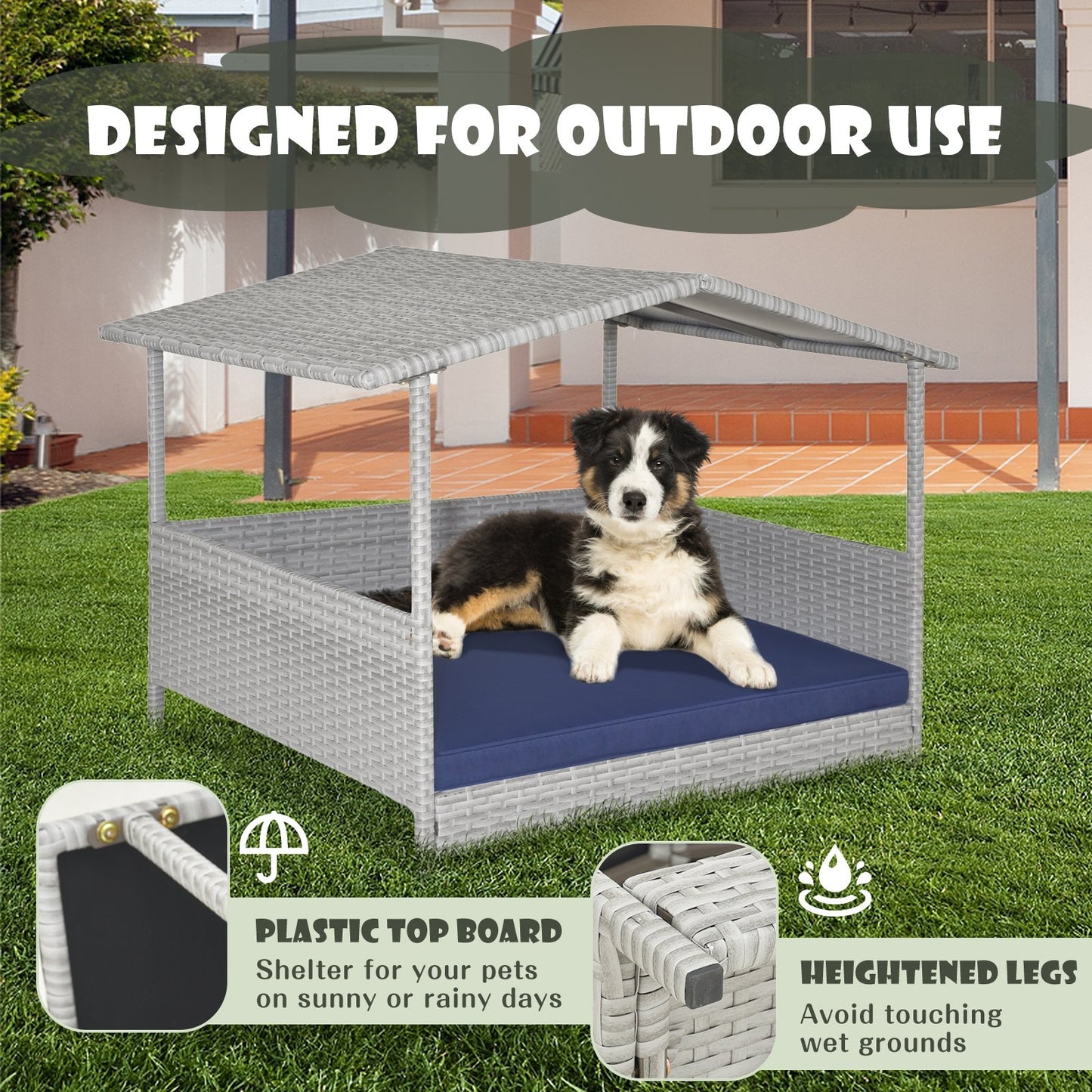 Wicker Dog House with Waterproof Roof and Washable Cushion Cover, Navy at Gallery Canada