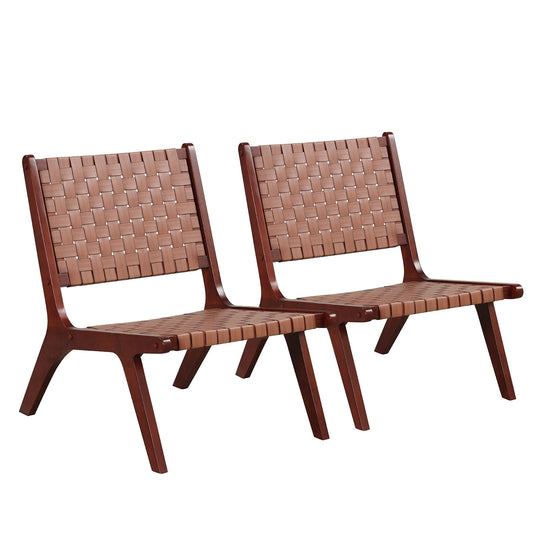 Set of 1/2 Woven Leather Accent Chairs with Wood Frame-Set of 2, Brown - Gallery Canada
