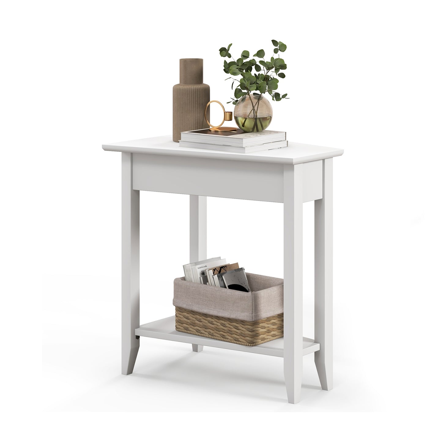 2-Tier Wedge Narrow End Table with Storage Shelf and Solid Wood Legs, White End & Side Tables White at Gallery Canada