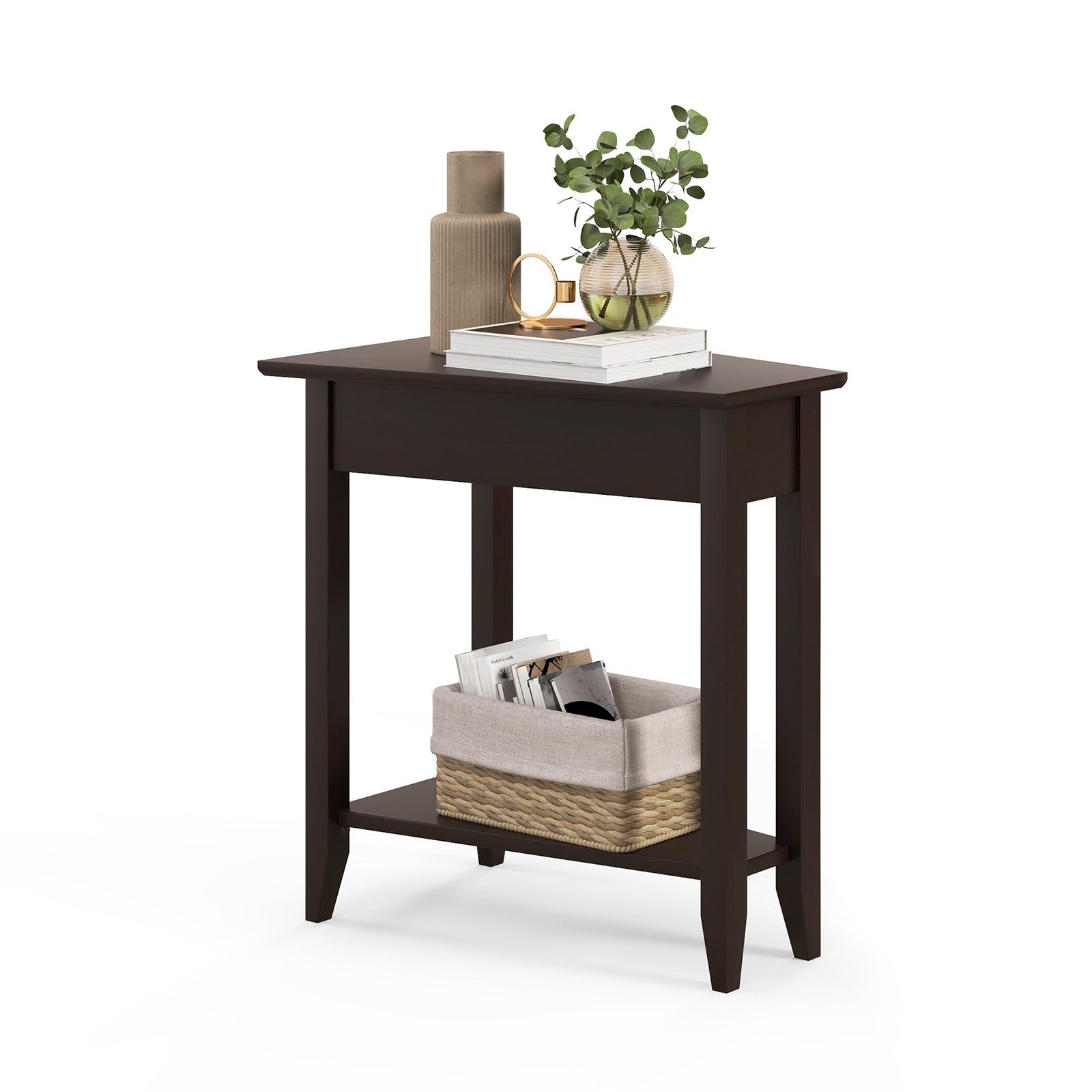 2-Tier Wedge Narrow End Table with Storage Shelf and Solid Wood Legs, Espresso End & Side Tables at Gallery Canada