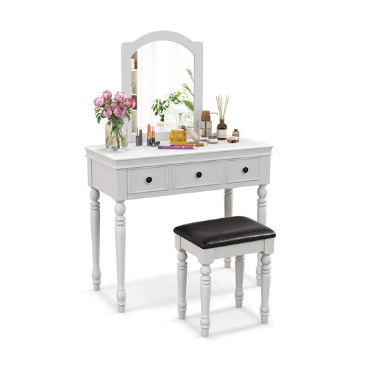 Makeup Vanity Table and Stool Set with Detachable Mirror and 3 Drawers Storage, White