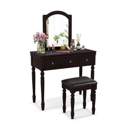 Makeup Vanity Table and Stool Set with Detachable Mirror and 3 Drawers Storage, Walnut