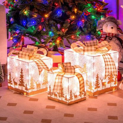 Set of 3 Lighted Christmas Gift Box with 100 Warm White Lights, Multicolor