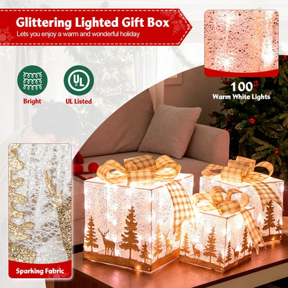Set of 3 Lighted Christmas Gift Box with 100 Warm White Lights, Multicolor