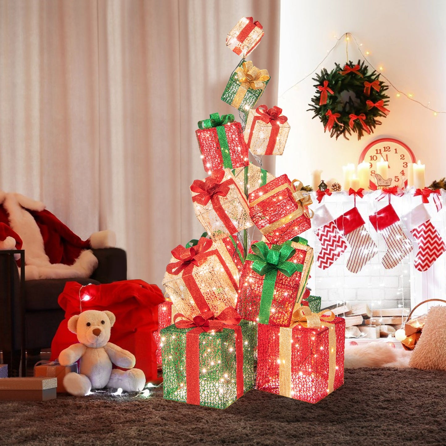 15 Stacked Lighted Christmas Gift Box Tower, 450 Warm White Lights, Multicolor Christmas Decor & Accessories at Gallery Canada