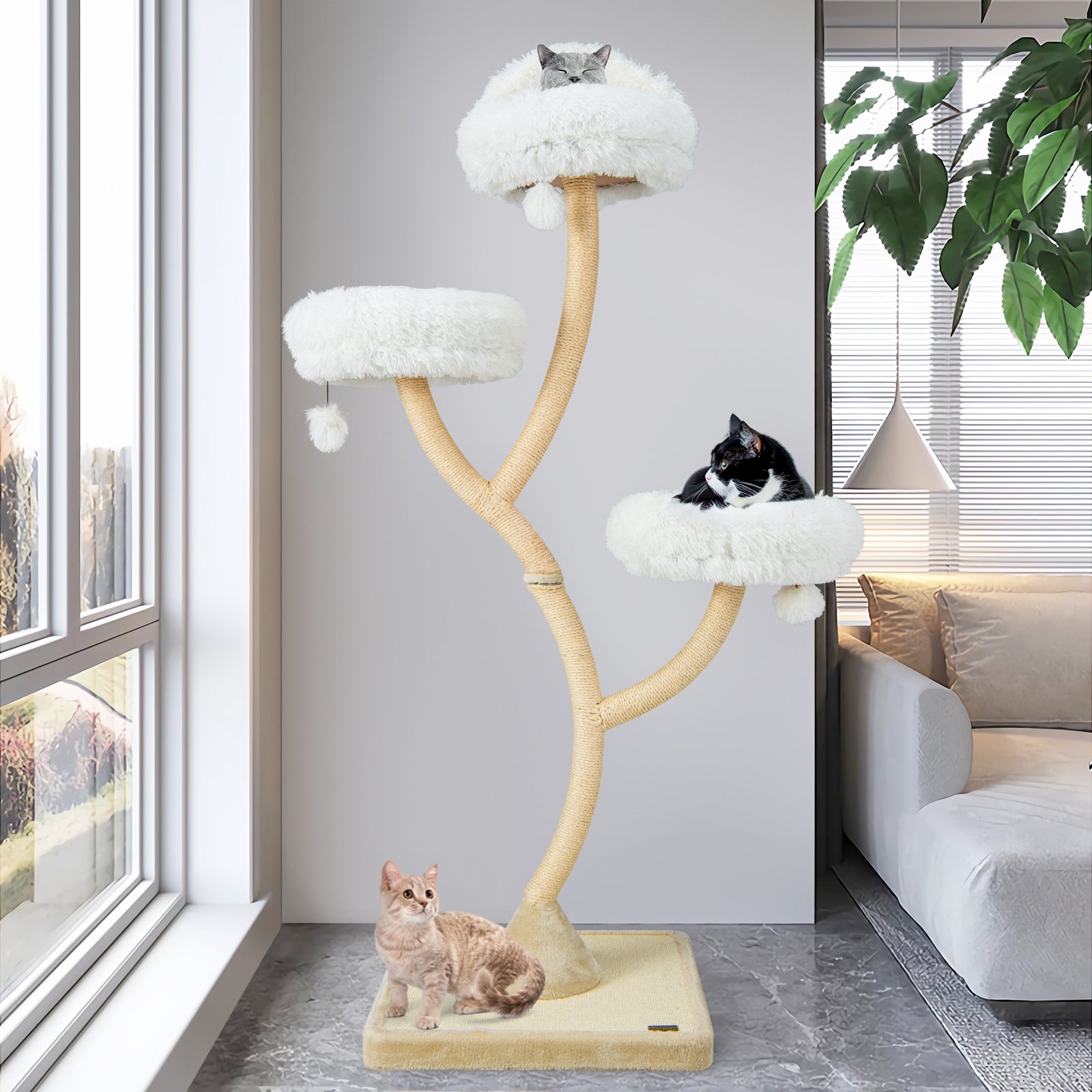 70 Inch Cat Tree, 4 Layer Tower, 3 Perches, Dangling Balls, Beige Cat Trees Condos & Scratchers at Gallery Canada