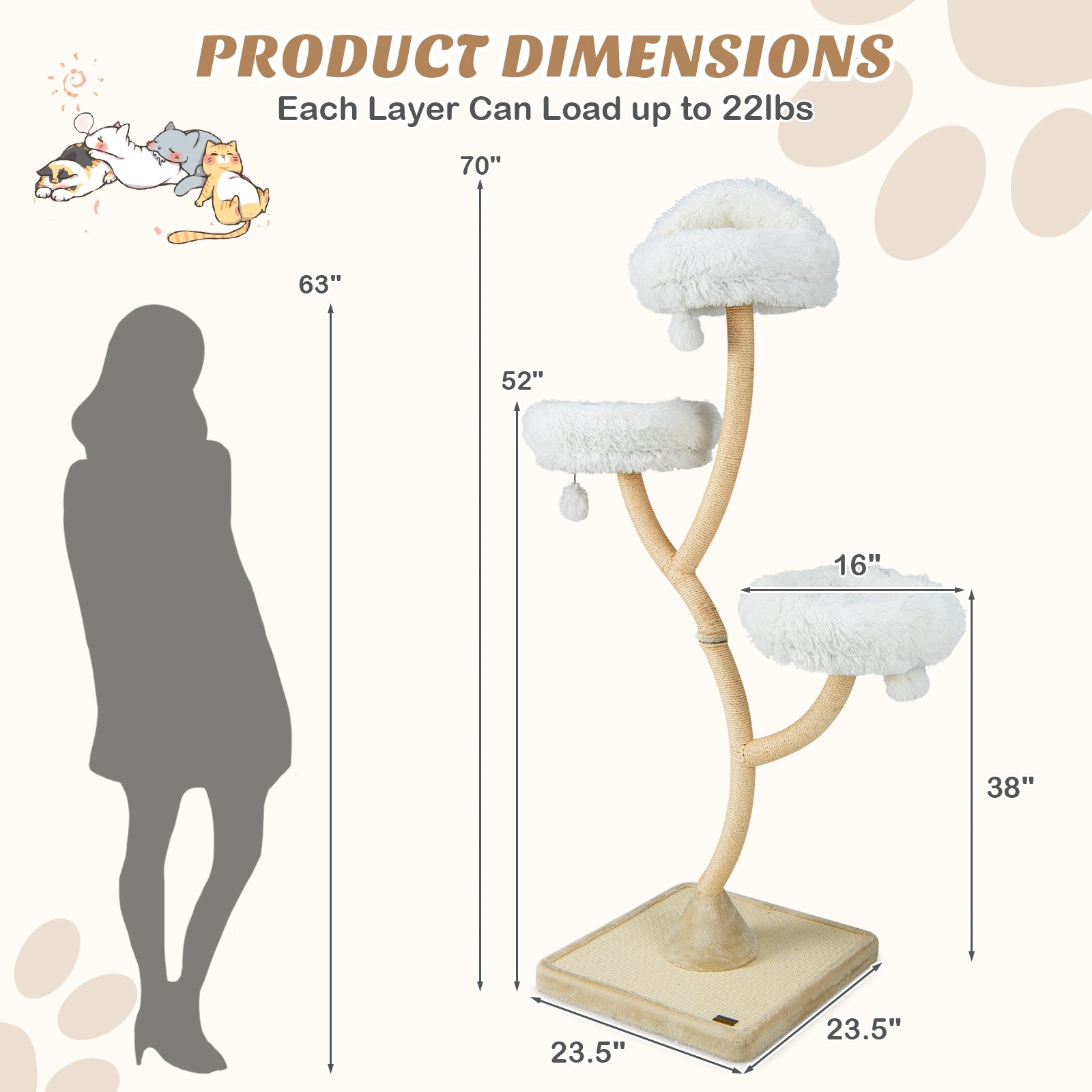 70 Inch Cat Tree, 4 Layer Tower, 3 Perches, Dangling Balls, Beige Cat Trees Condos & Scratchers at Gallery Canada