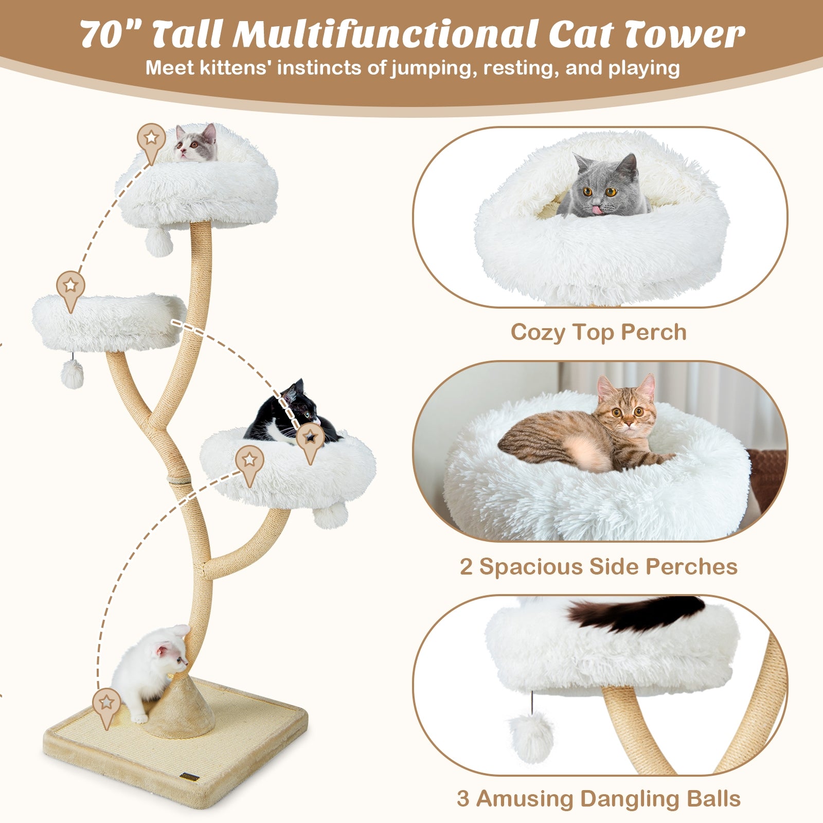 70 Inch Cat Tree, 4 Layer Tower, 3 Perches, Dangling Balls, Beige Cat Trees Condos & Scratchers at Gallery Canada