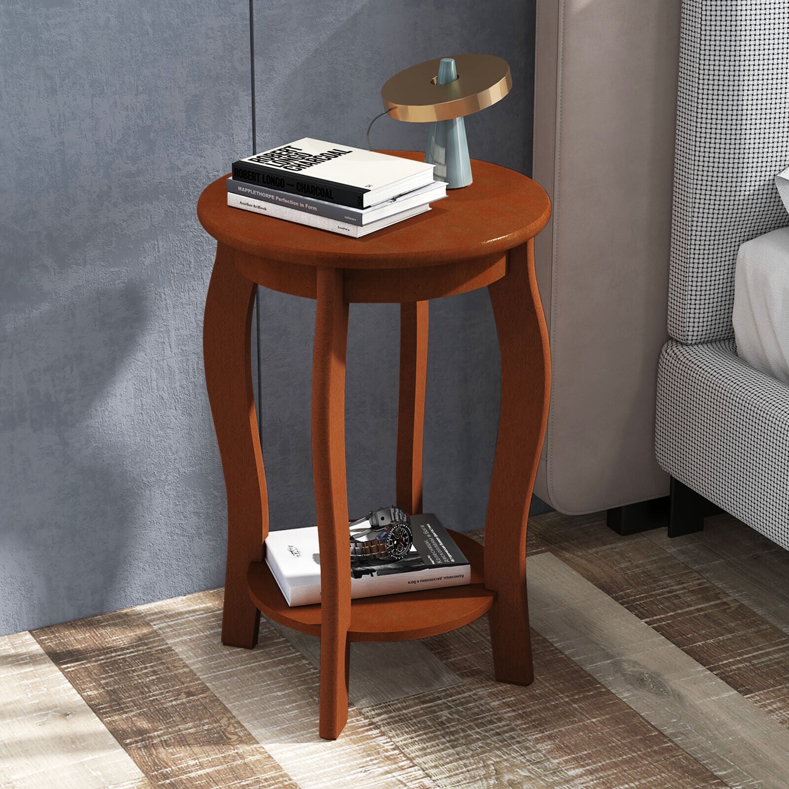 15 Inch 2-Tier Round End Table with Storage Shelf, Walnut End & Side Tables at Gallery Canada