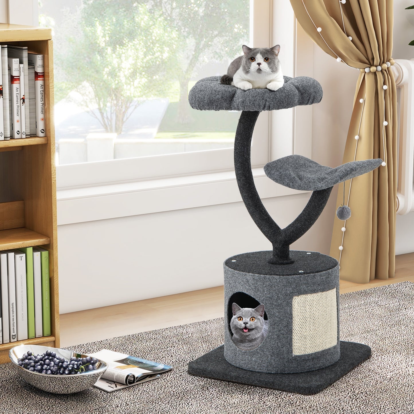 35 Inch Cat Tree with Curved Metal Supporting Frame and Sisal Scratching Board, Gray Cat Trees Condos & Scratchers at Gallery Canada