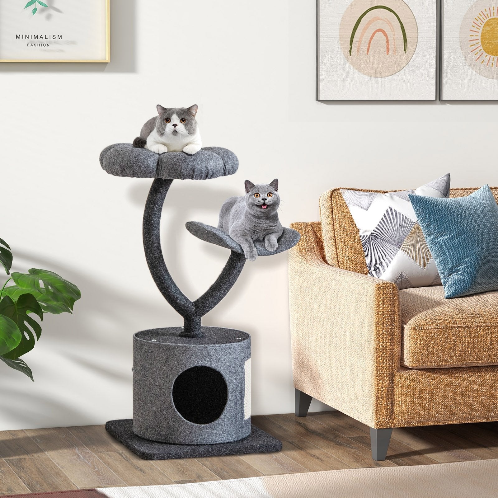 35 Inch Cat Tree with Curved Metal Supporting Frame and Sisal Scratching Board, Gray Cat Trees Condos & Scratchers at Gallery Canada
