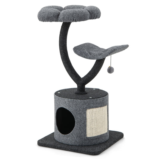 35 Inch Cat Tree, Curved Metal Frame, Sisal Scratching Board, Gray