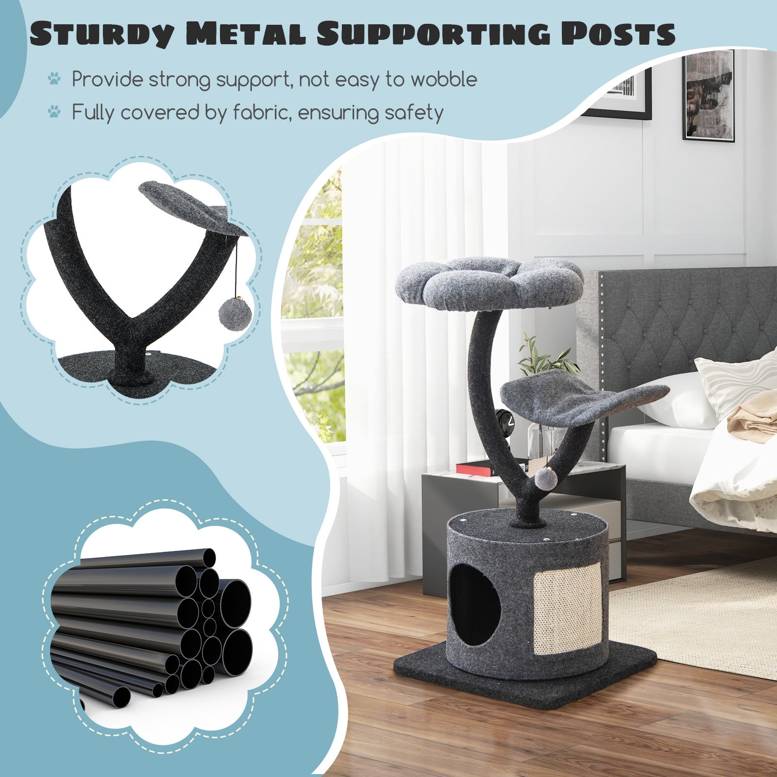 35 Inch Cat Tree with Curved Metal Supporting Frame and Sisal Scratching Board, Gray Cat Trees Condos & Scratchers at Gallery Canada