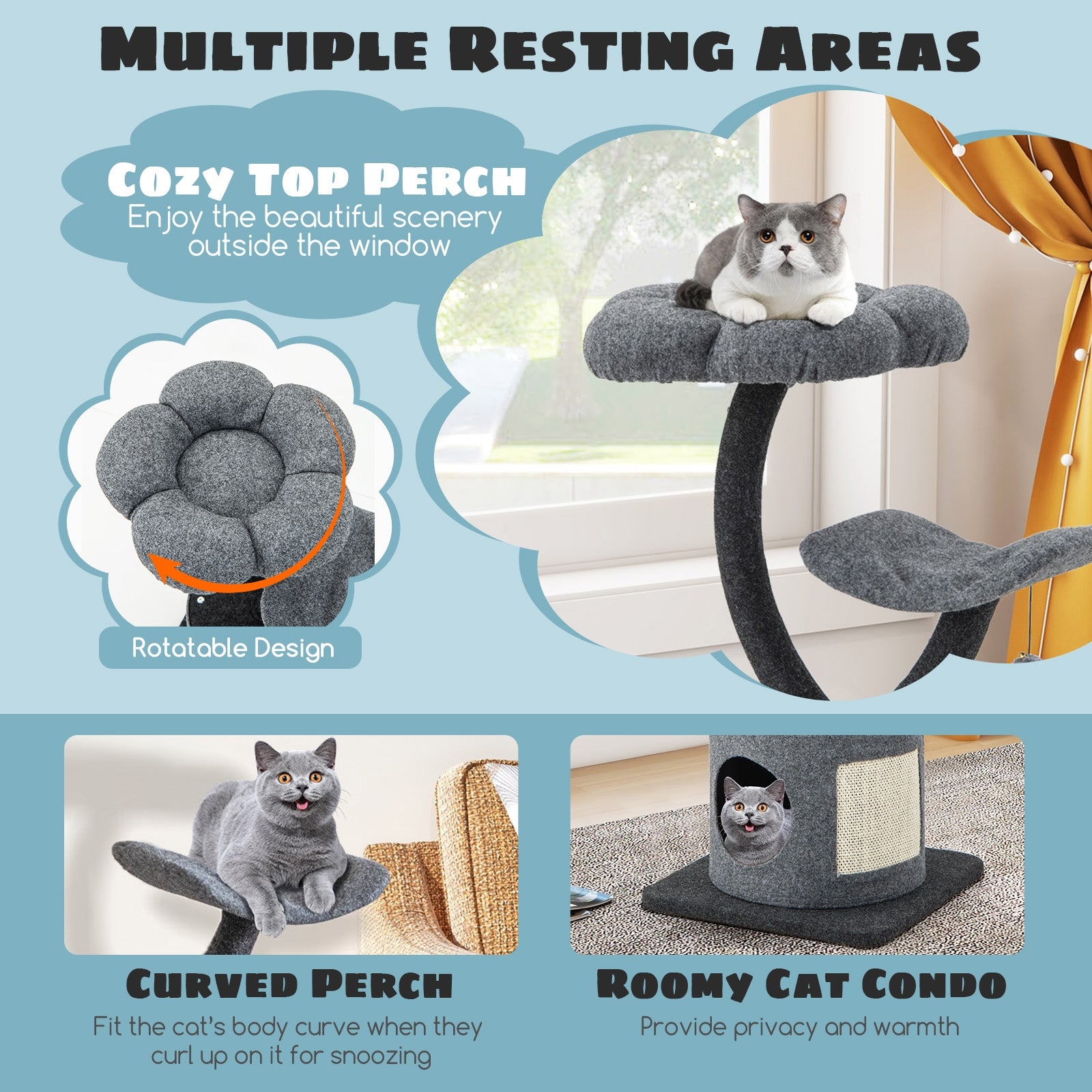 35 Inch Cat Tree with Curved Metal Supporting Frame and Sisal Scratching Board, Gray Cat Trees Condos & Scratchers at Gallery Canada