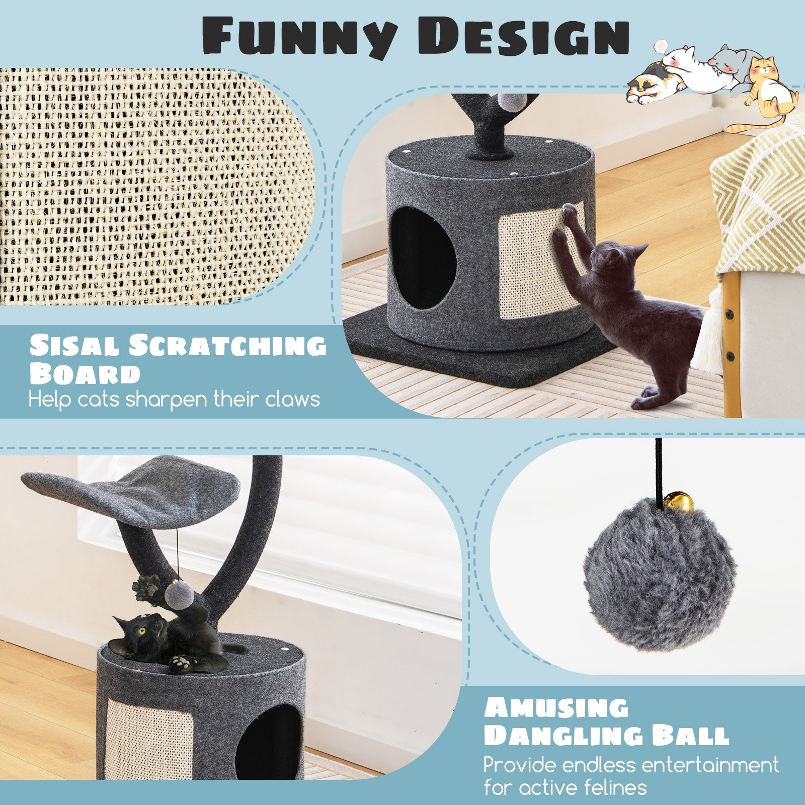 35 Inch Cat Tree with Curved Metal Supporting Frame and Sisal Scratching Board, Gray Cat Trees Condos & Scratchers at Gallery Canada