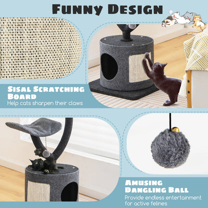 35 Inch Cat Tree with Curved Metal Supporting Frame and Sisal Scratching Board, Gray Cat Trees Condos & Scratchers at Gallery Canada