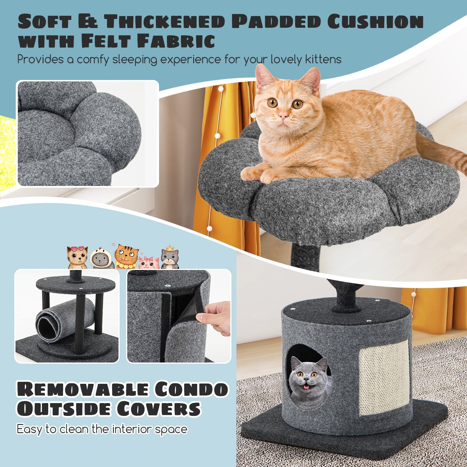 35 Inch Cat Tree with Curved Metal Supporting Frame and Sisal Scratching Board, Gray Cat Trees Condos & Scratchers at Gallery Canada